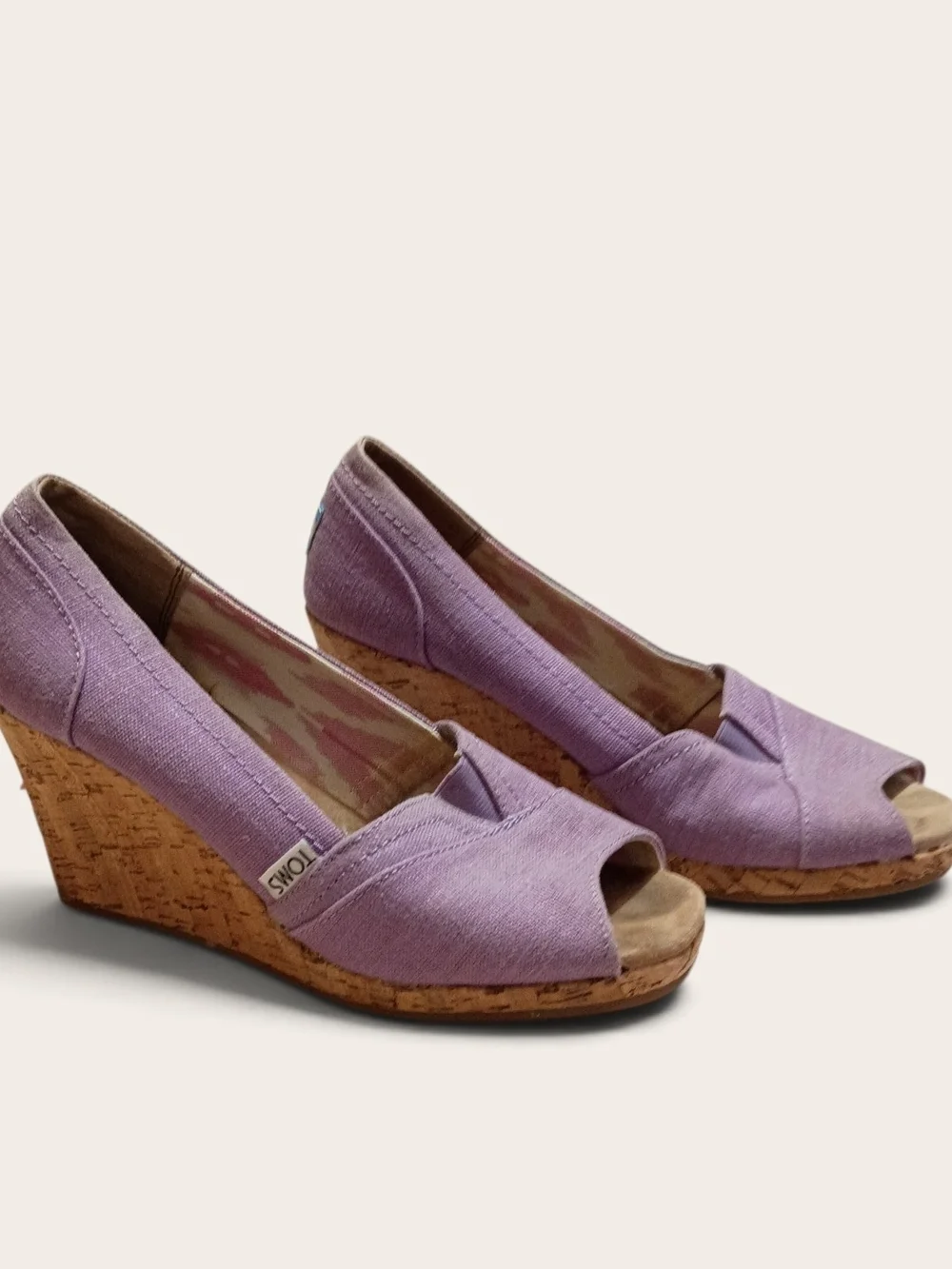 TOMS Lavender Canvas Cork Wedge Peep Toe Heels